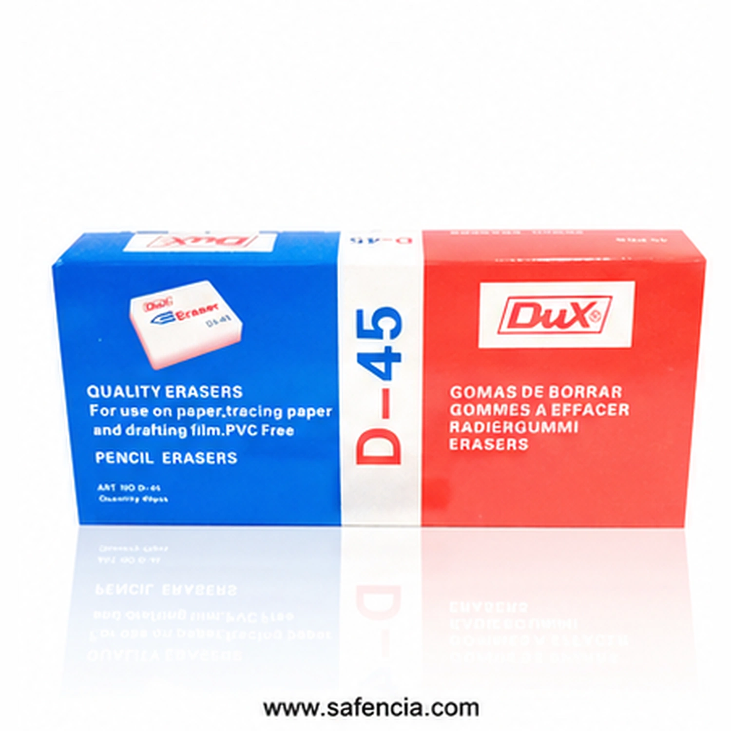 Front of the sealed Dux D-45 eraser box showing the large D-45 code down the centre, the Dux logo on the red panel and the four-language product name