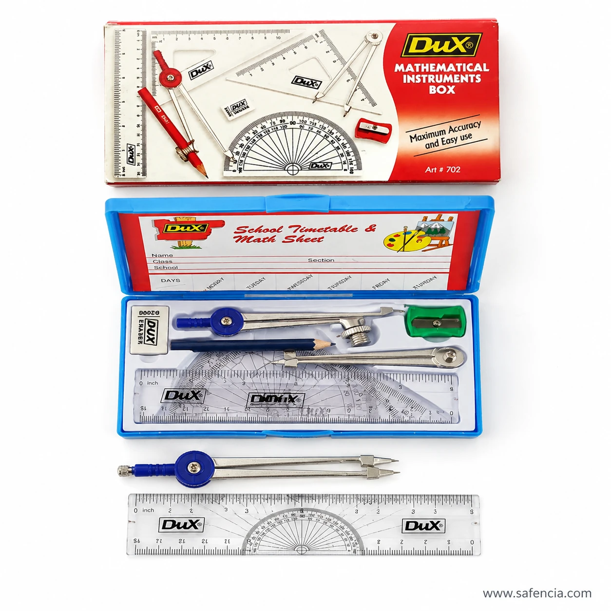 Complete Dux 702 geometry set flatlay with carton, case and instruments