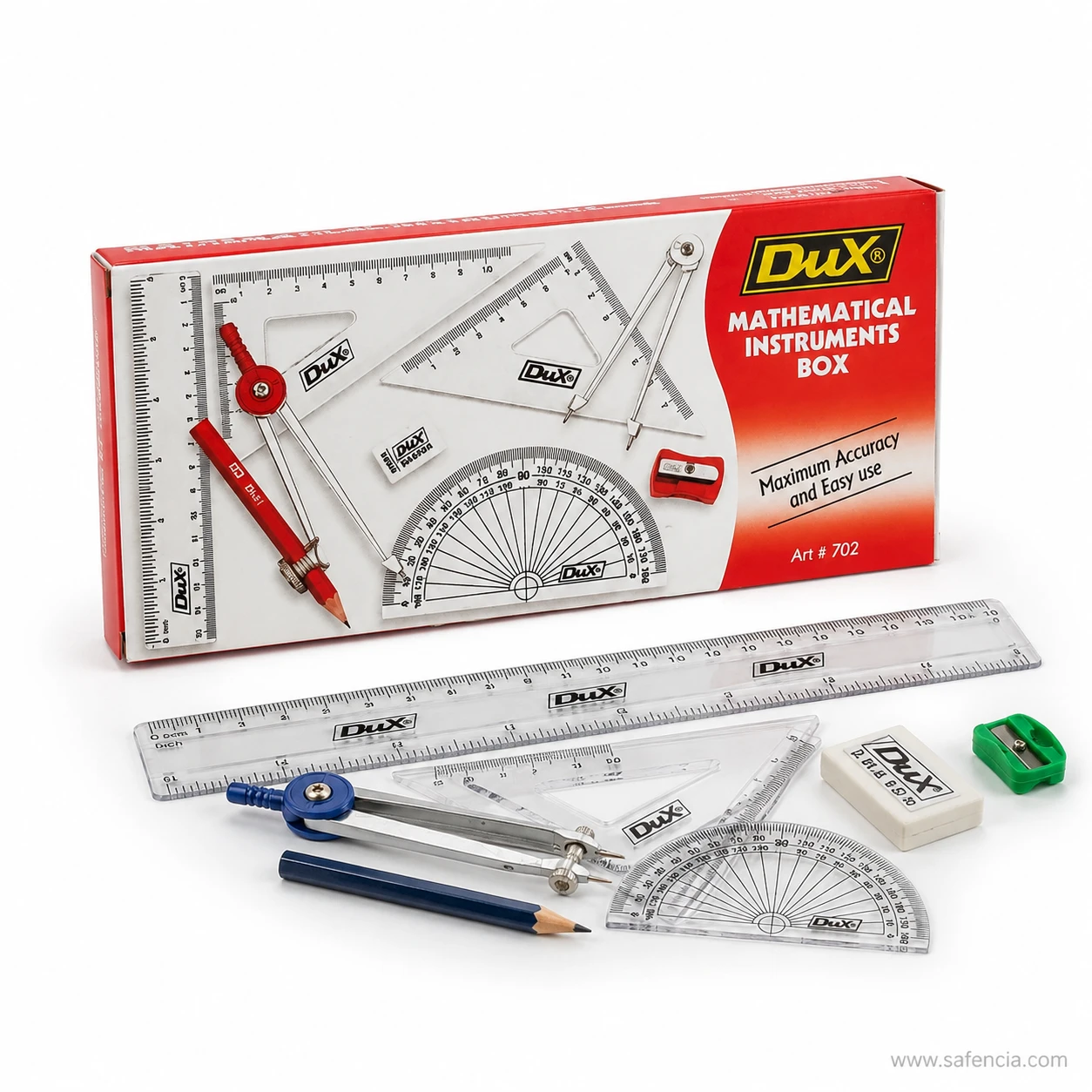 Dux 702 geometry box instruments laid out beside the printed carton