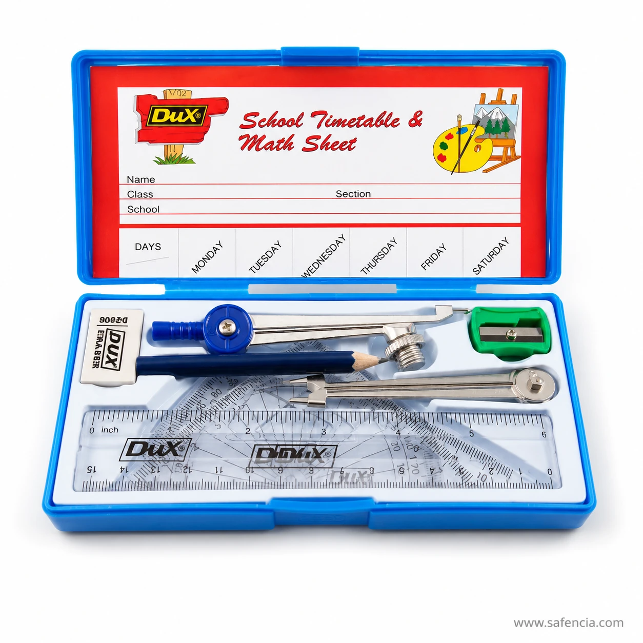 Dux 702 blue case open showing instrument tray and timetable sheet