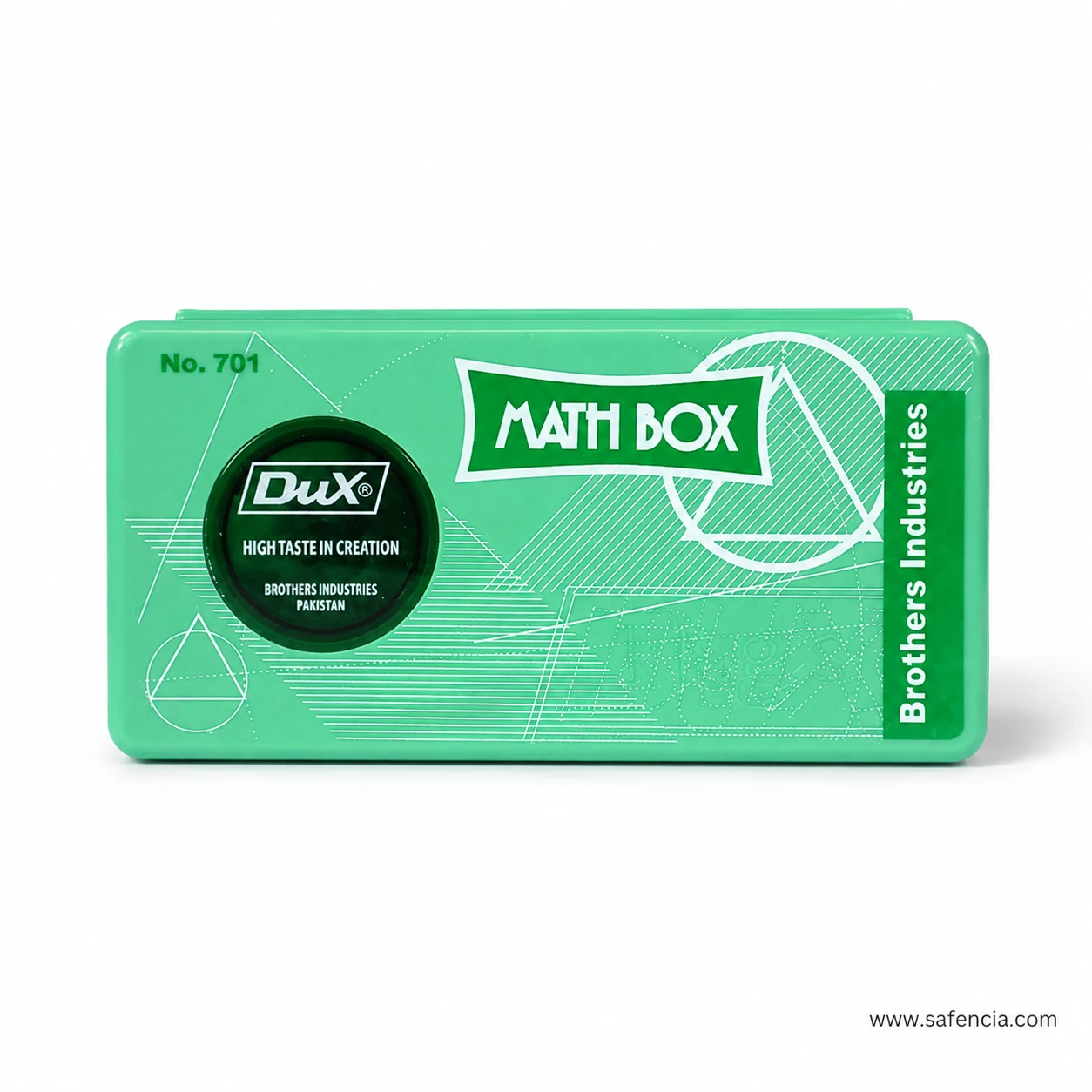 Dux Math Box No. 701 in mint green with the white blueprint lid artwork