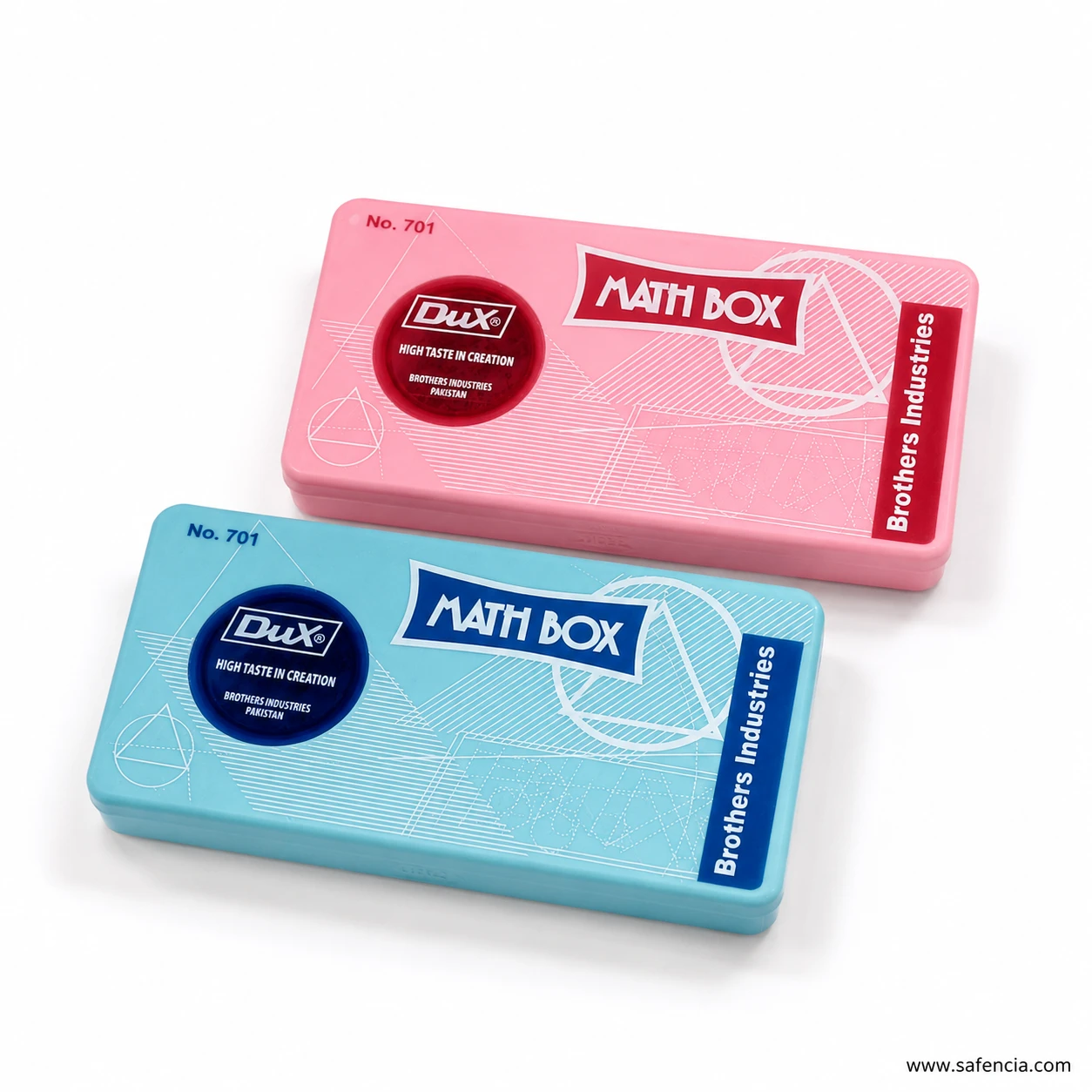Pink and pale blue Dux Math Box No. 701 pair showing the slim profile