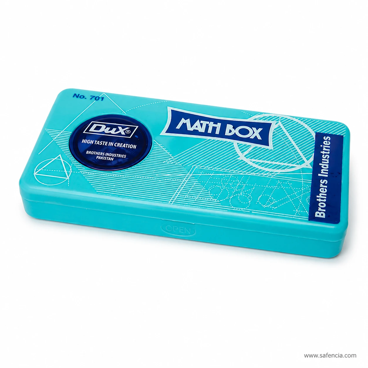 Turquoise Dux Math Box No. 701 closed, showing the blueprint lid print