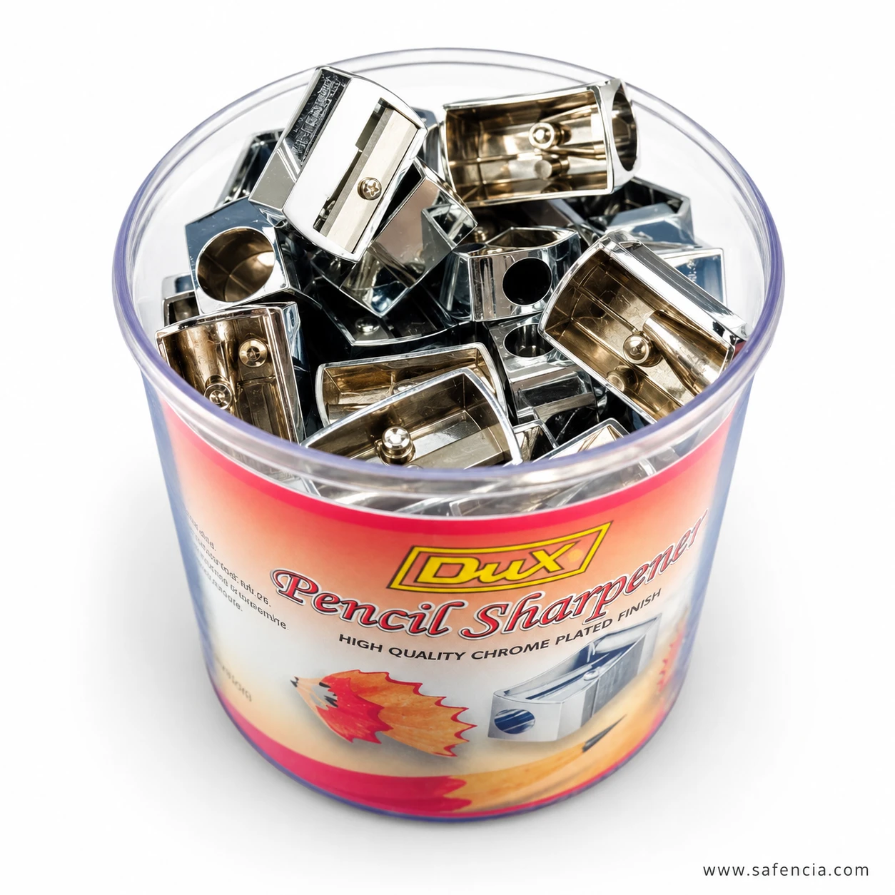 Dux 50 pack of reflective chrome pencil sharpeners with round openings and screw-secured blades