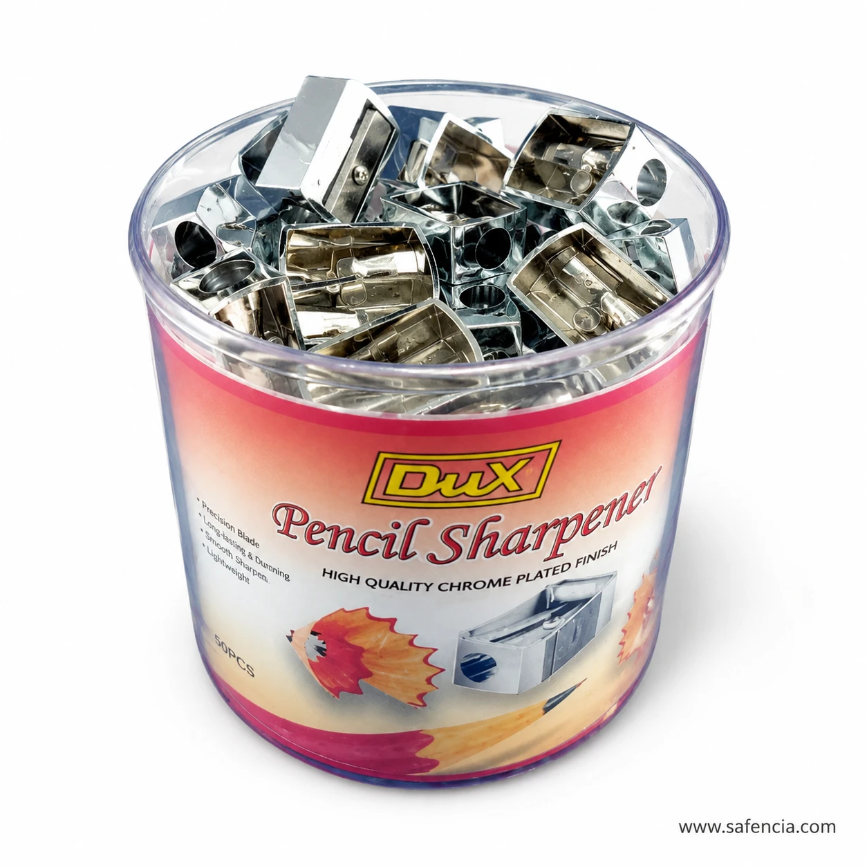 Transparent Dux pencil sharpener container filled with 50 silver single-hole sharpeners