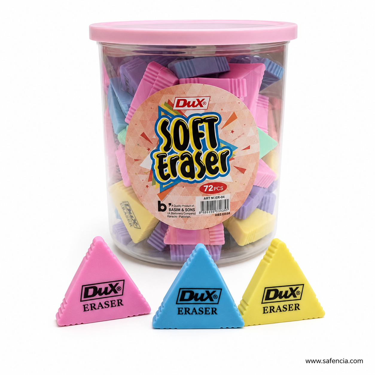 Sealed Dux Soft Eraser tub of 72 with the pink lid on, showing the label printed A Quality Product of Basim and Sons Karachi, with three triangular erasers in front