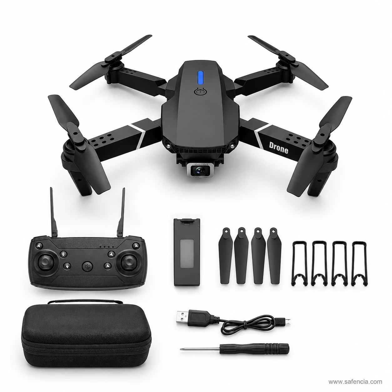 E88 Pro drone black edition with full set of 4 propeller guards, remote controller, and carry bag