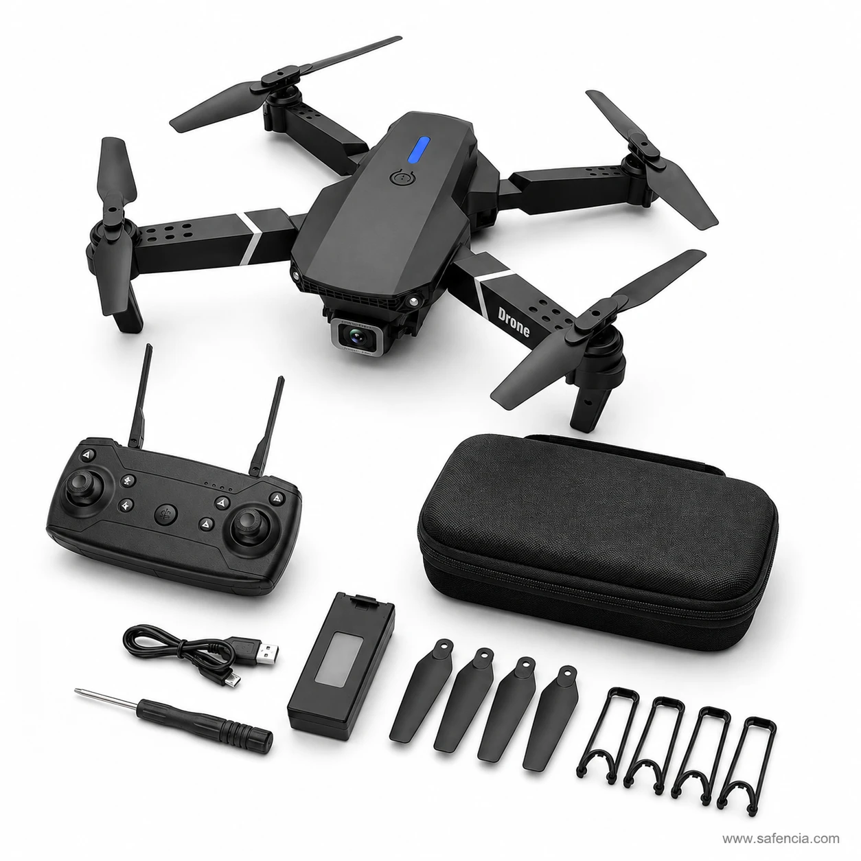 E88 Pro black drone kit with remote controller, zip carry case, spare blades, and USB charger