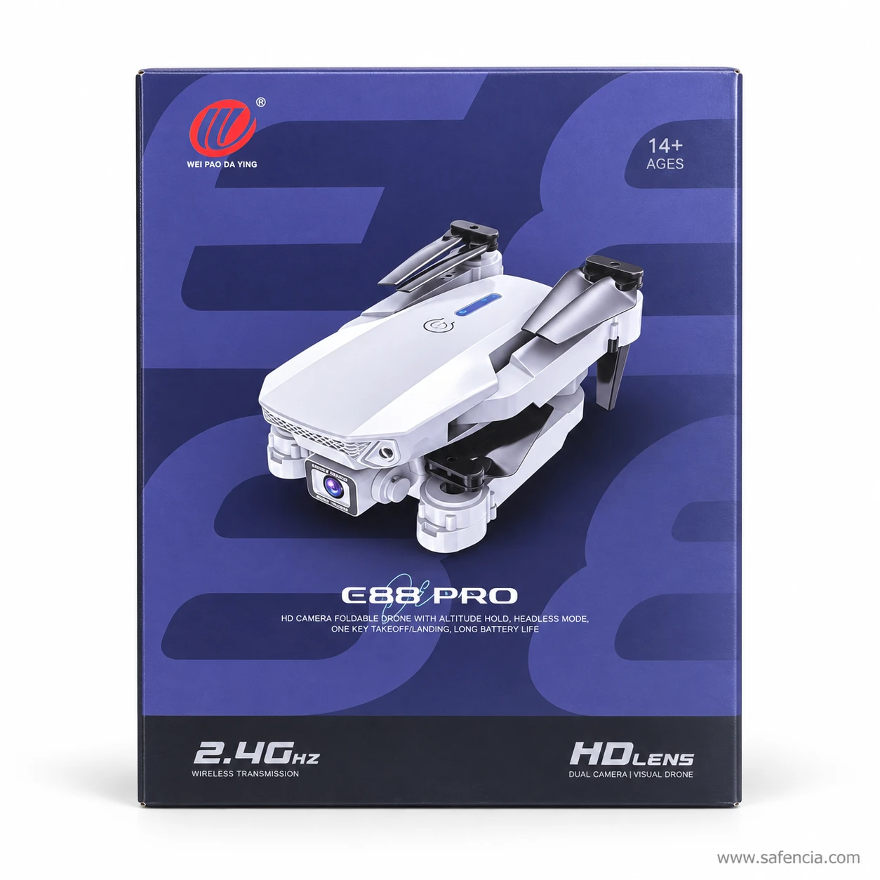 E88 Pro drone retail box front showing the folded drone, a 14+ age mark, 2.4GHz and HD lens dual camera print