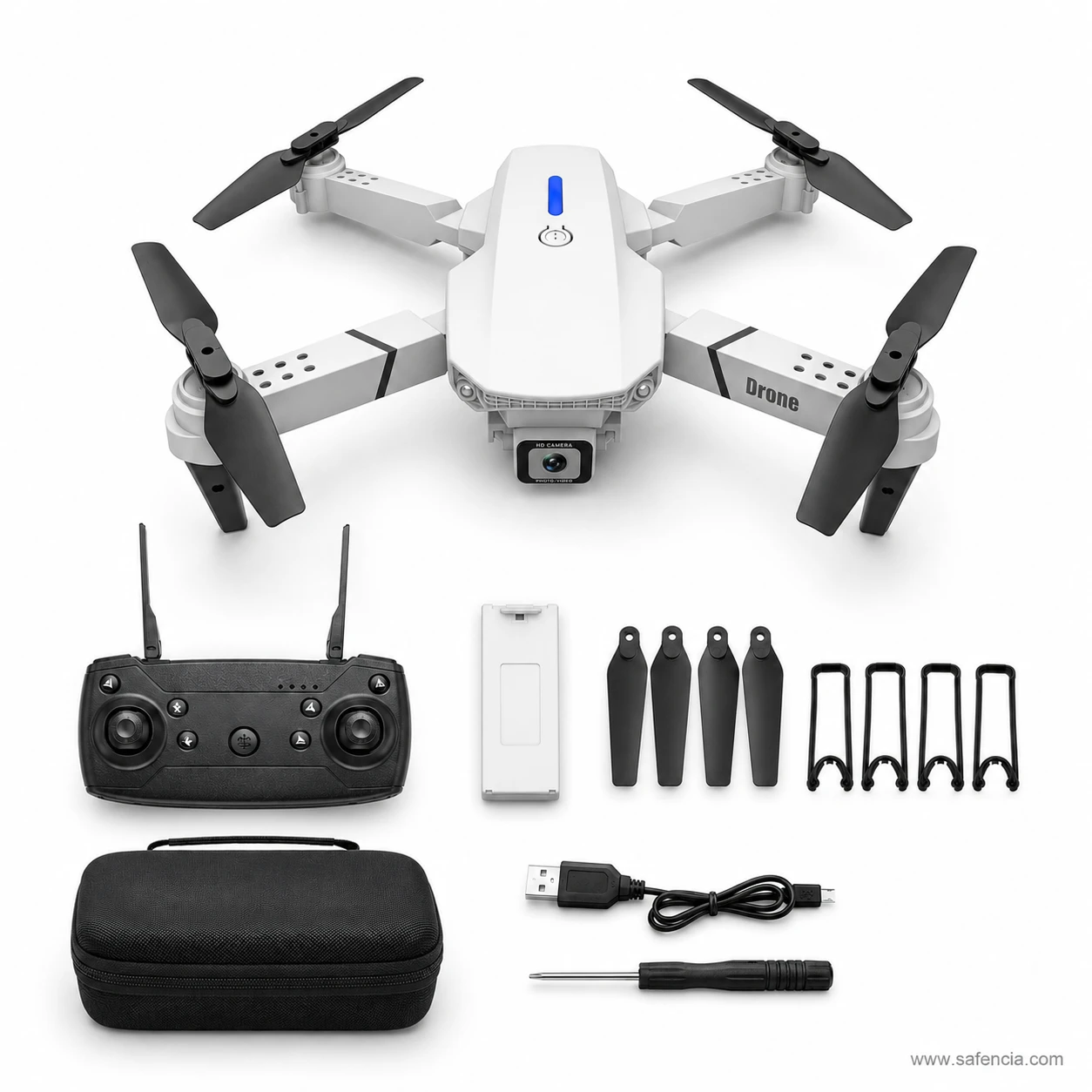 E88 Pro white drone kit complete with 4 blade guards, remote controller, and zipper carry case