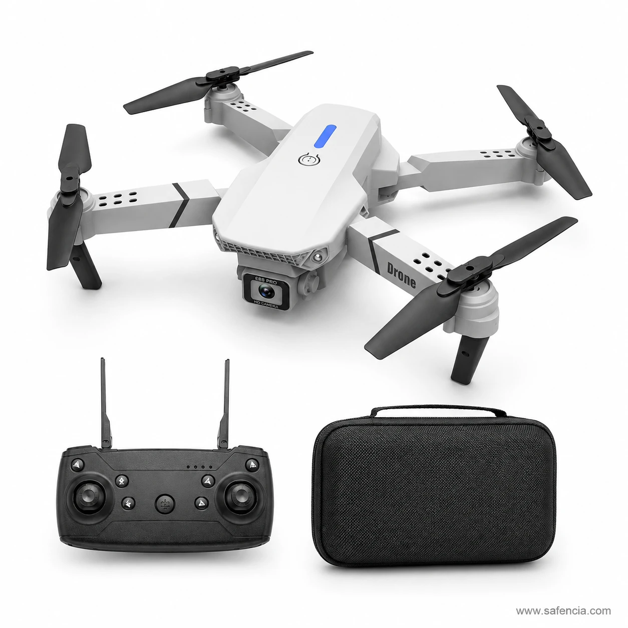 E88 Pro camera drone in pearl white with remote controller and black protective carry case