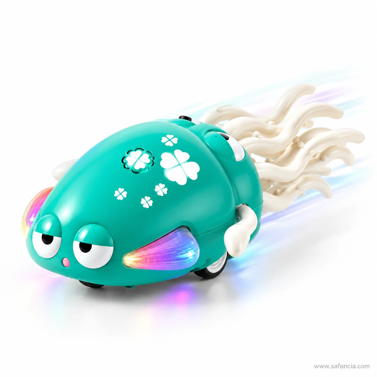 The teal squid toy tipped forward with coloured lights glowing and its tentacles trailing behind
