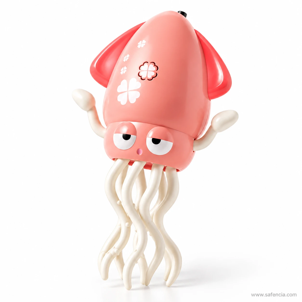 Front view of the pink dancing squid toy with coral fins and cream tentacles
