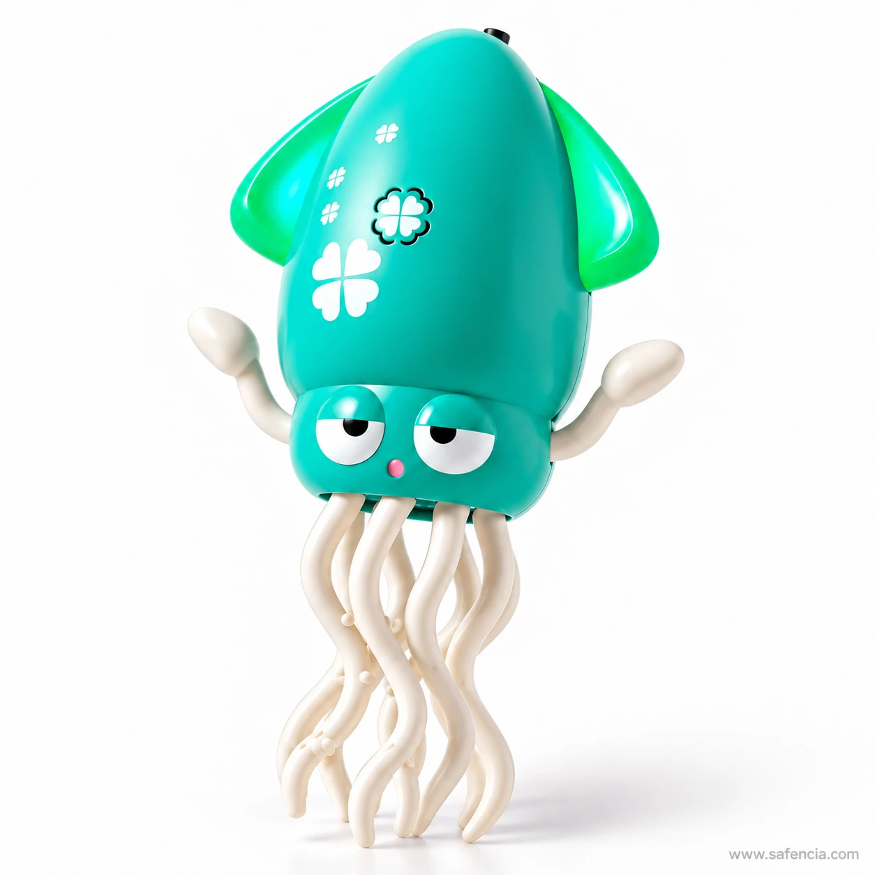 Front view of the teal green dancing squid with sleepy printed eyes and clover marks