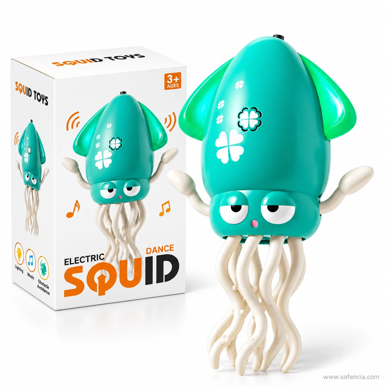 The teal dancing squid beside its box printed Electric Dance Squid with 3 plus ages marking
