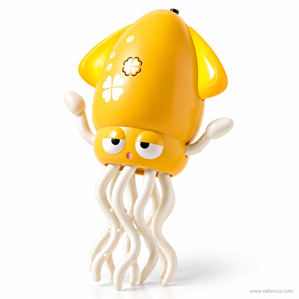 Front view of the yellow dancing squid toy standing on its long cream tentacles