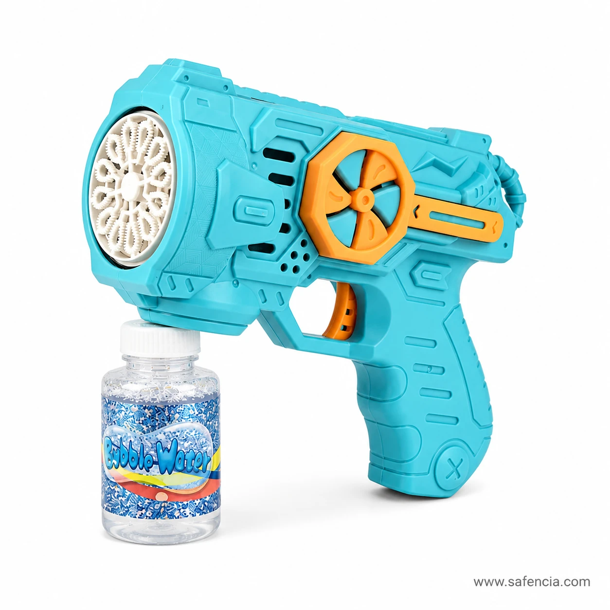 Close side view of the bubble gun showing the white flower-shaped foaming disc set into the muzzle