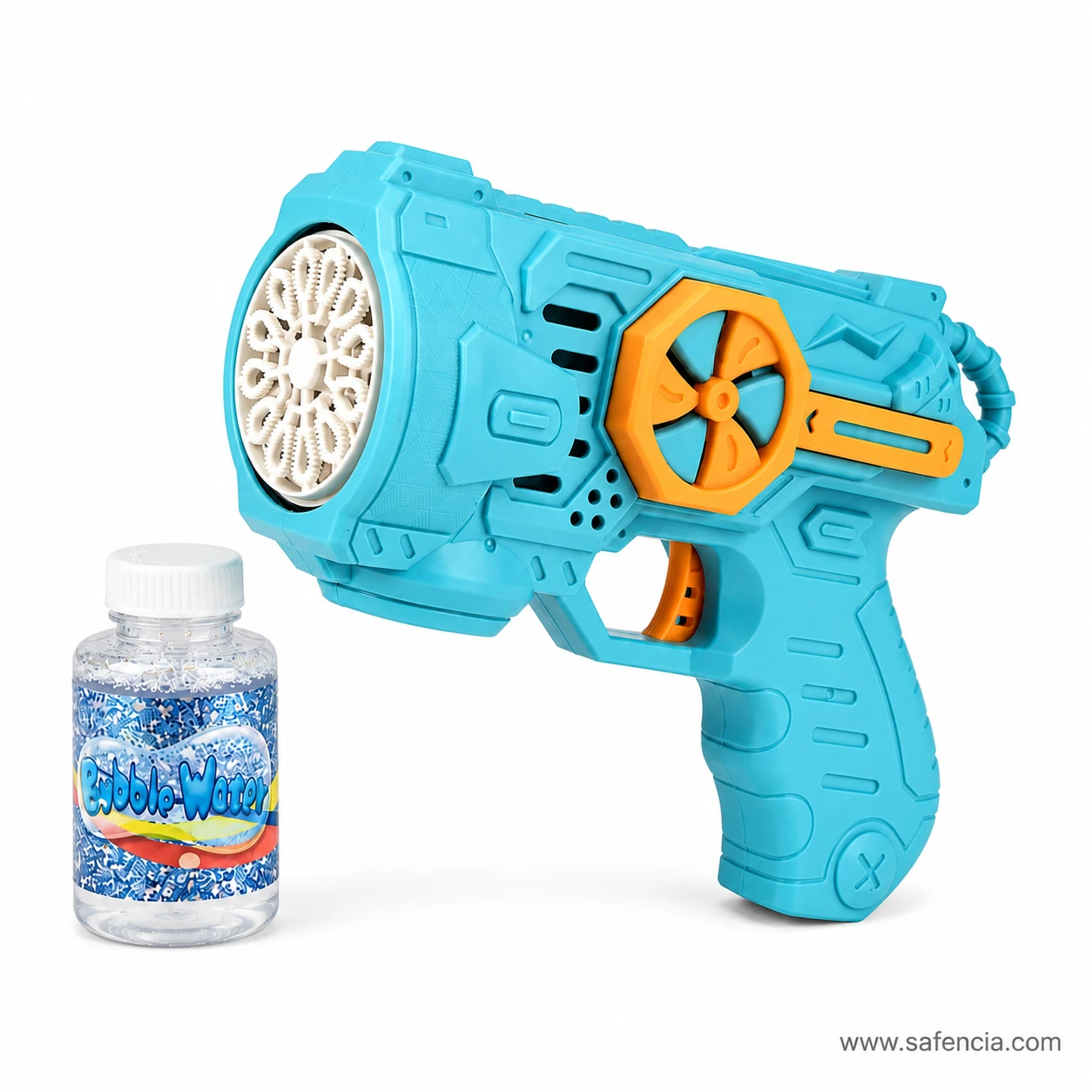 Front three-quarter view of the turquoise bubble gun showing the orange fan wheel and sliding bar on the flank