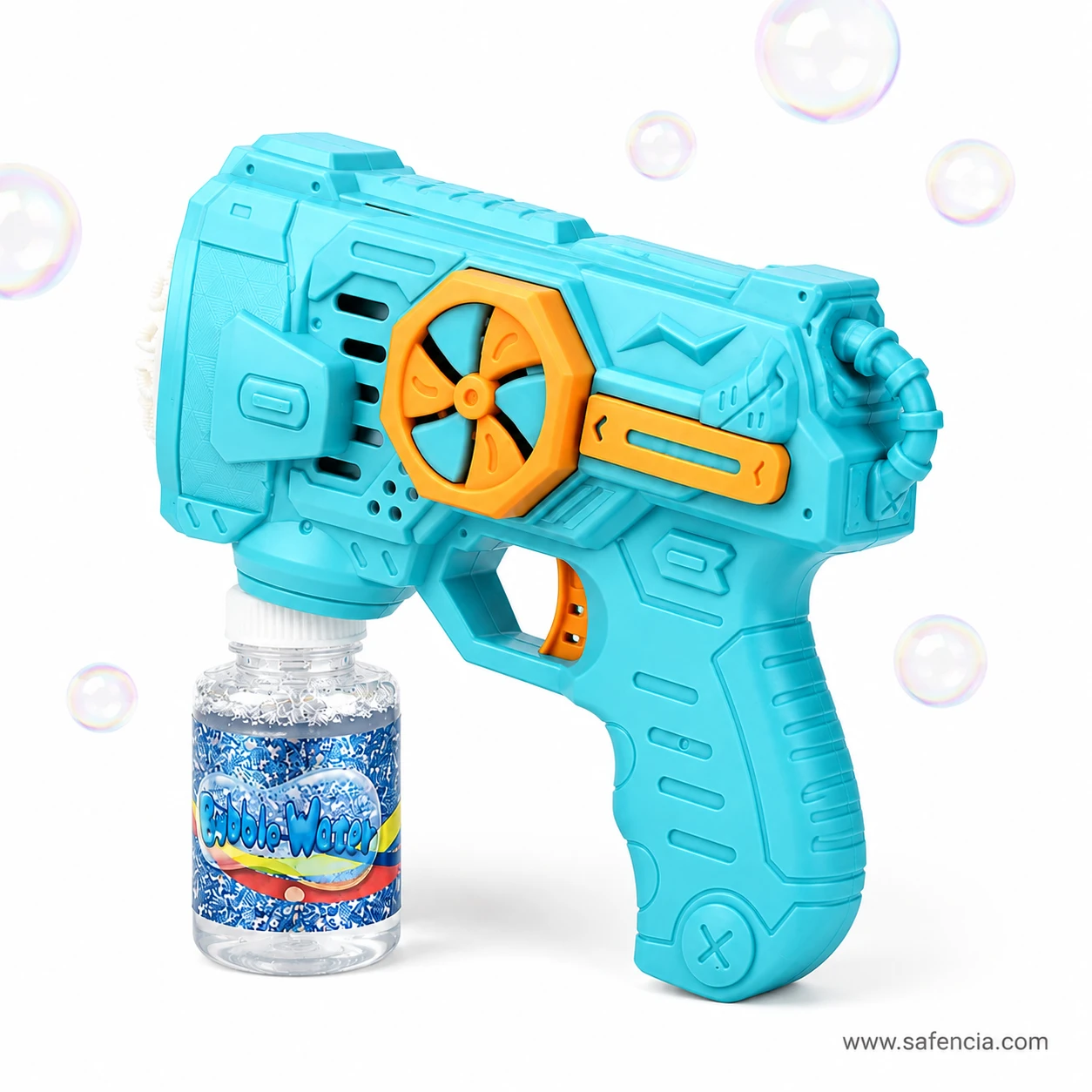 Side profile of the electric foaming bubble gun showing the ribbed grip, orange trigger and rear hanging loop