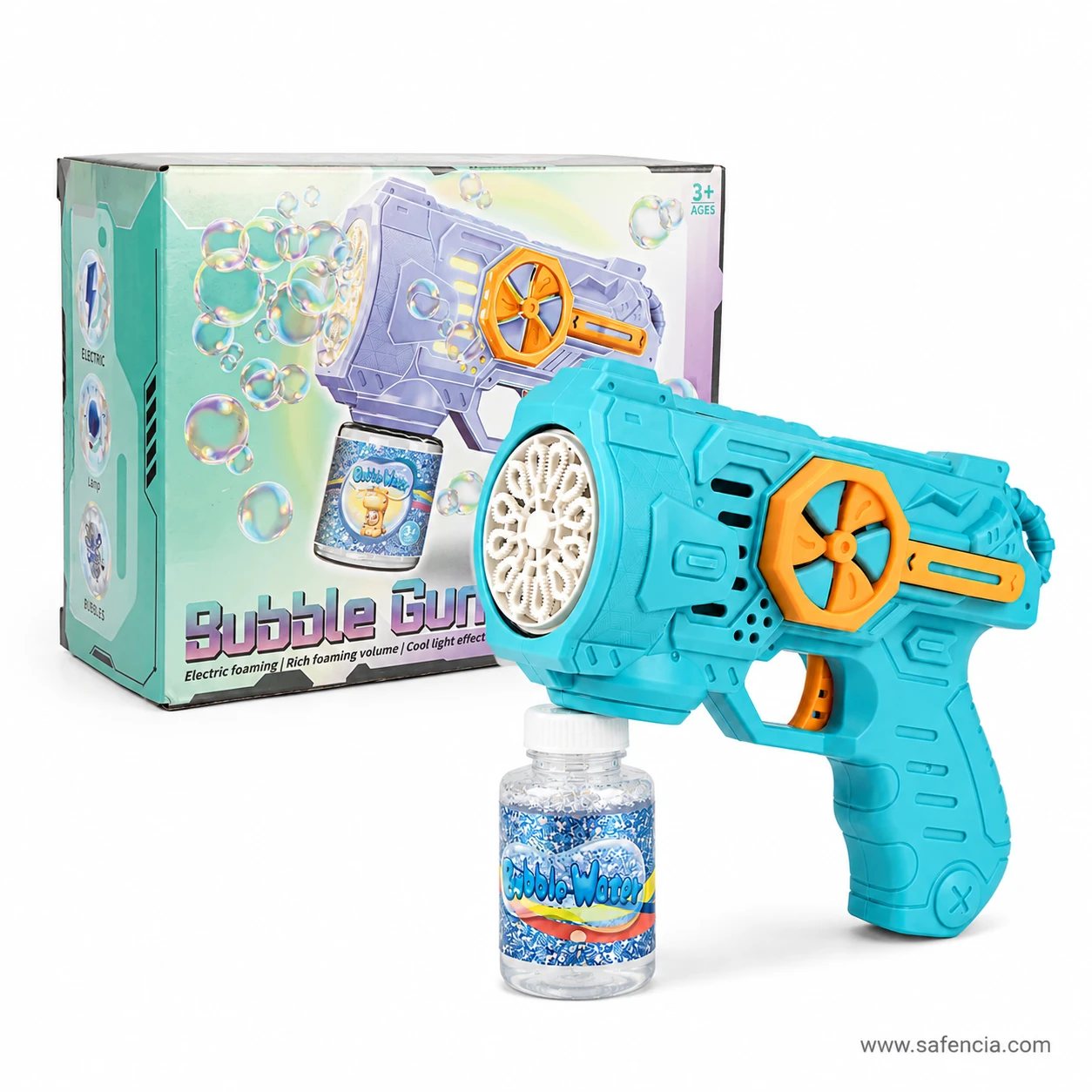 Electric foaming bubble gun beside its printed retail box marked for ages three and above