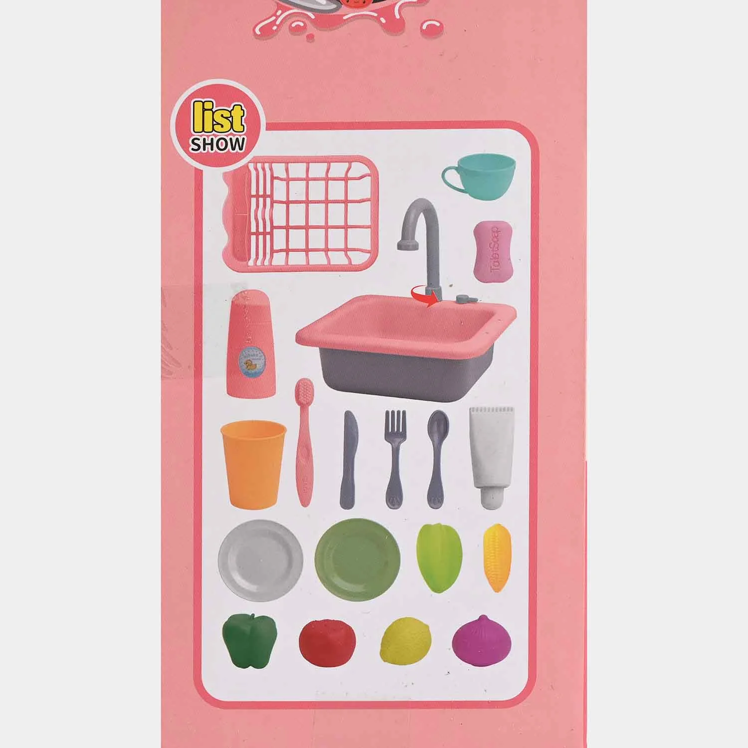 Electric Kitchen Sink Dishwasher Play Set detail view - dishes and play food