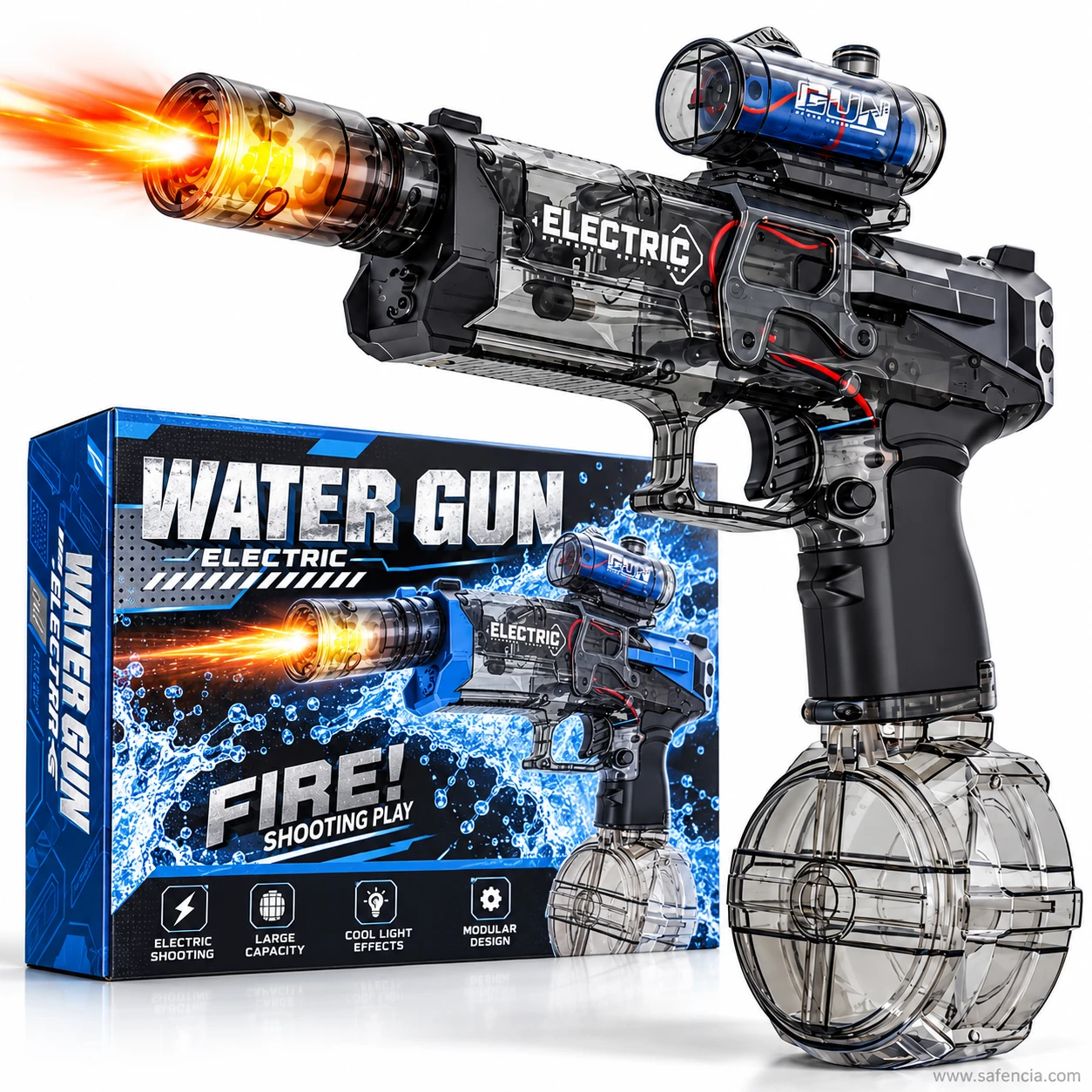 Electric water gun pistol in front of its blue Water Gun Electric box listing electric shooting, large capacity and light effects