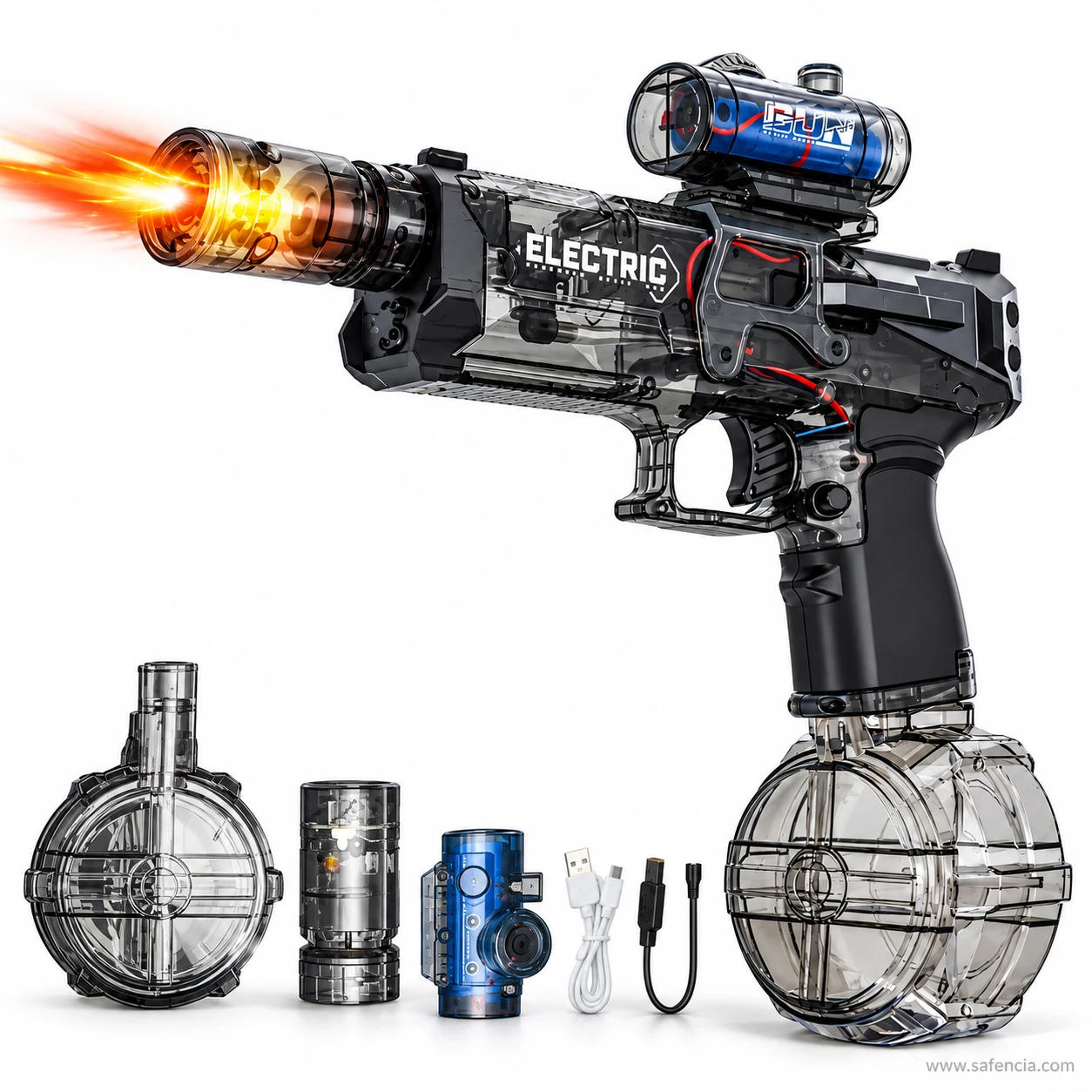 Electric water pistol parts laid out: drum water tank, light-up muzzle, blue sight and USB charging cable beside the gun