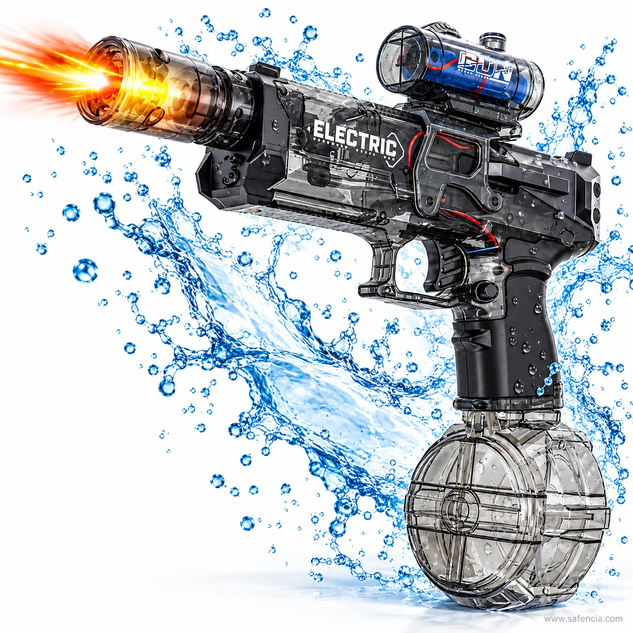 Electric water pistol firing with its muzzle lit orange while water splashes around the drum tank and grip