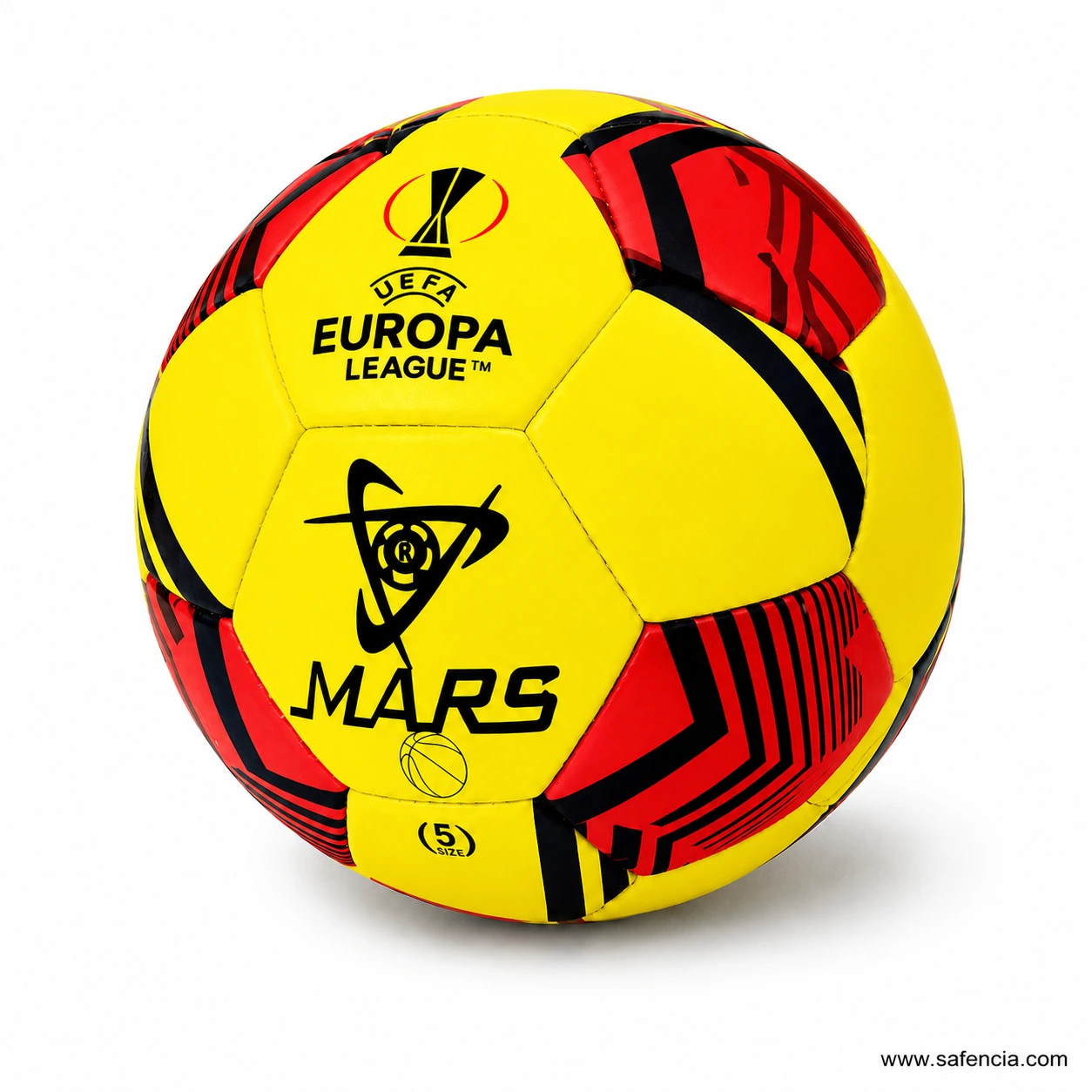 Yellow UEFA Europa League football at an angle showing round shape and red graphics