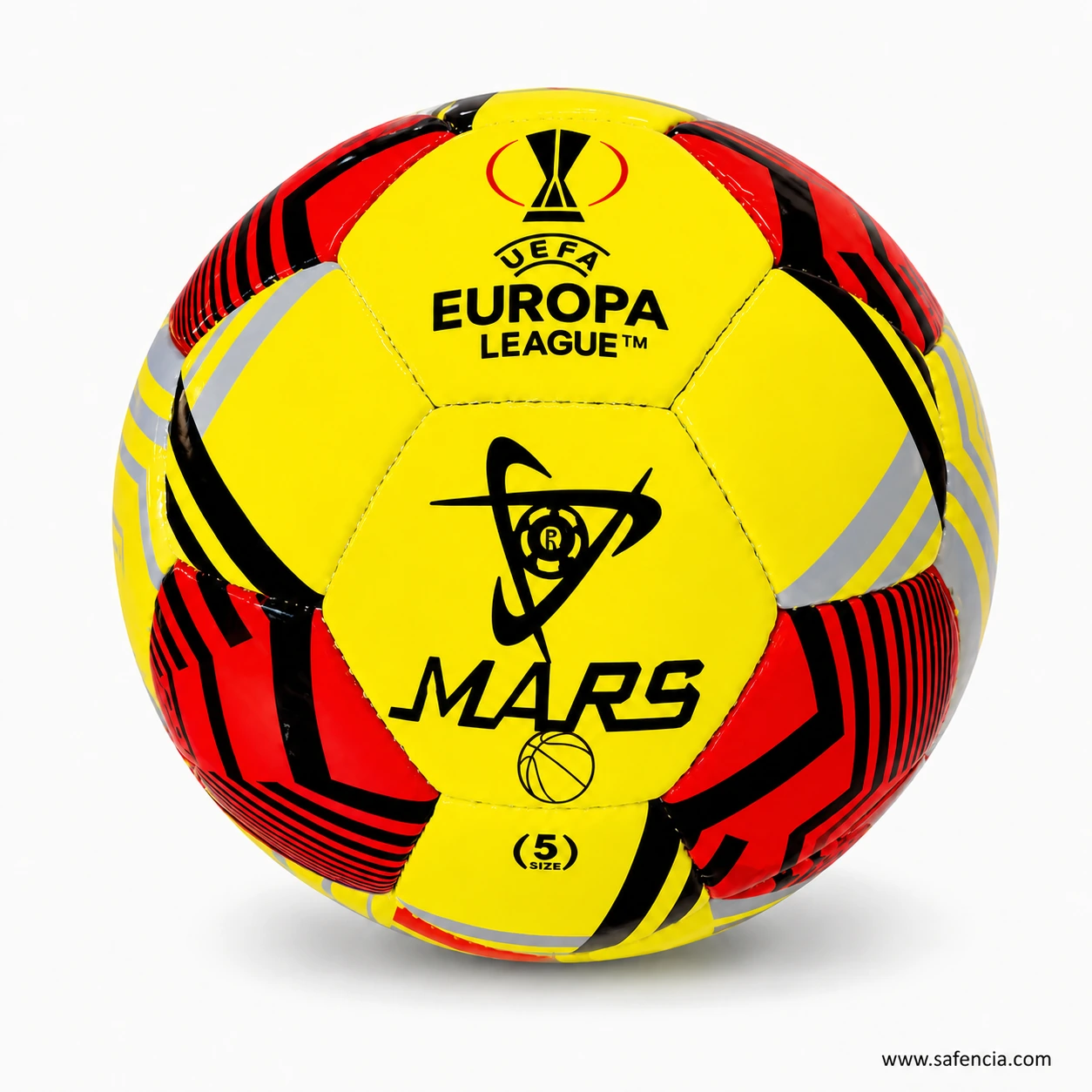 Close view of the yellow UEFA Europa League football design with red and black panels