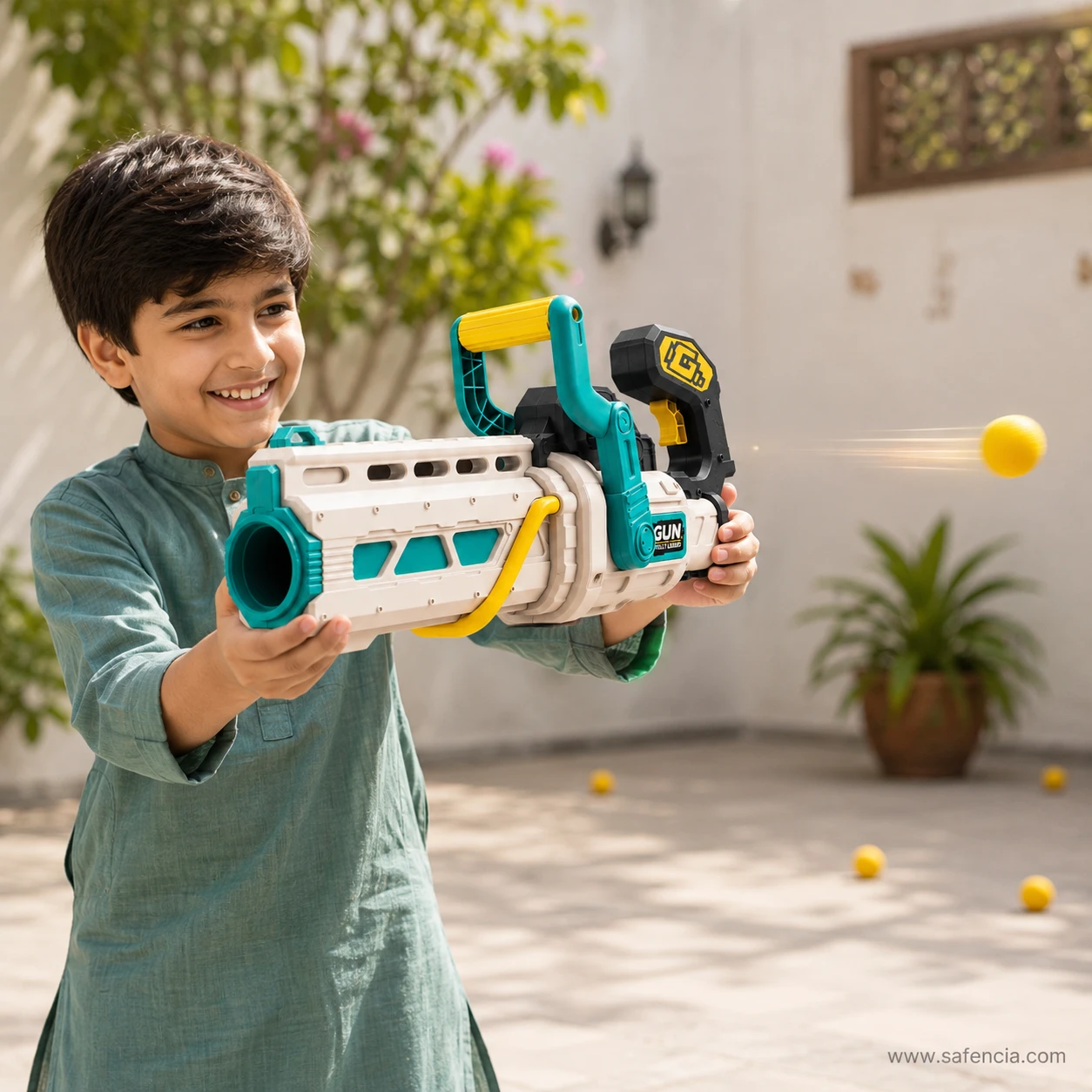 Boy in a green kurta firing the EVA foam ball blaster in a courtyard with a yellow ball in flight