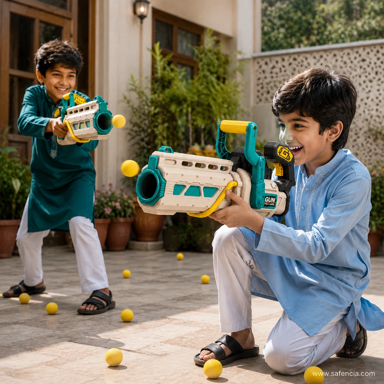Two boys playing with EVA foam ball blasters in a courtyard with foam balls scattered on the floor