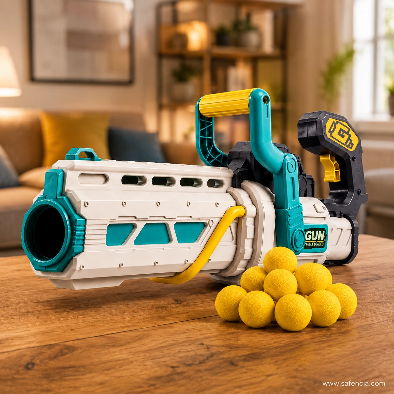 Foam ball Gatling blaster resting on a wooden table in a living room with its yellow foam balls