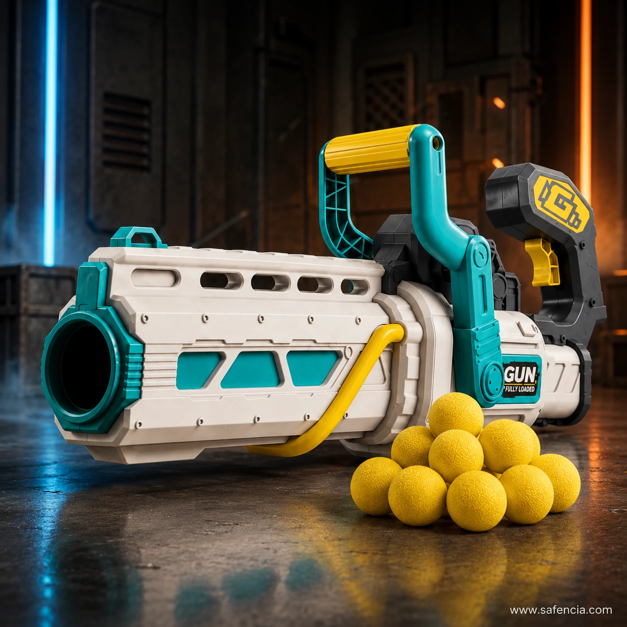 Side angle of the foam ball Gatling blaster showing the slotted shroud, carry handle and yellow priming lever
