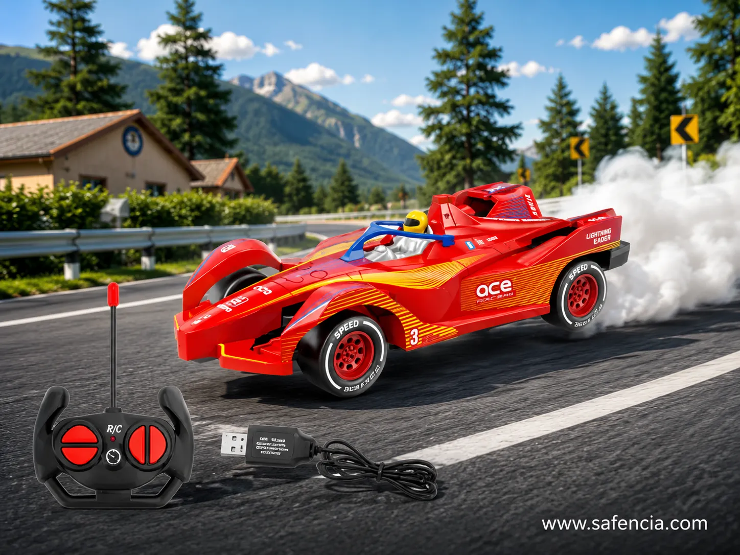 Red Formula F1 remote control car driving outdoors with remote and USB charging cable