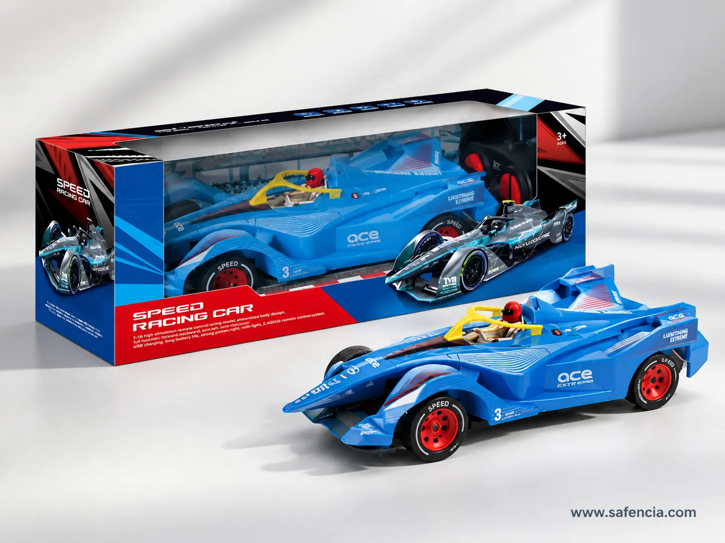 Formula F1 remote control car retail box with blue 1:16 racing model and driver figure