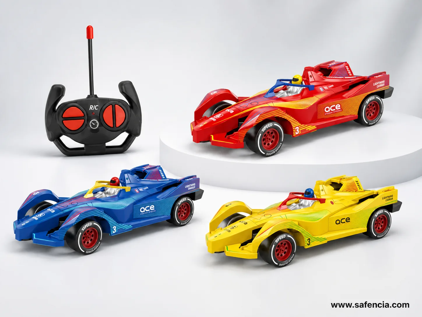 Formula F1 remote control cars in red, blue and yellow liveries with the radio remote