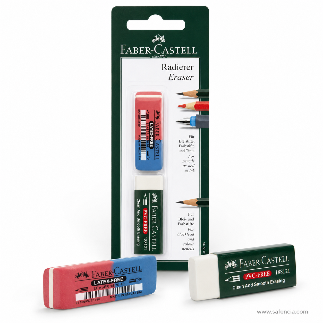 Sealed Faber-Castell eraser set blister card showing both erasers in place, with German and English text stating each one's use beside an illustration of pencils and a pen