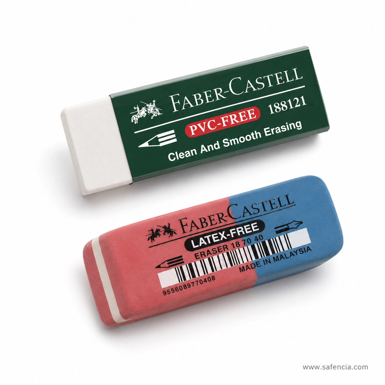 The white Faber-Castell 188121 PVC-Free eraser in its green sleeve above the red and blue latex-free combination eraser, both photographed on white