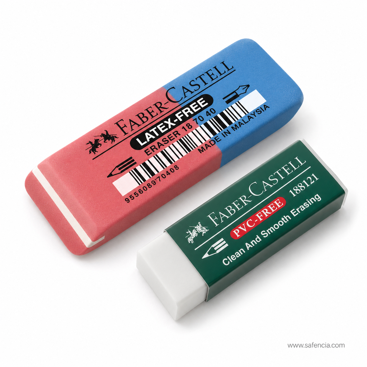 Close view of the Faber-Castell red and blue combination eraser and the white PVC-Free block, showing the barcode, the 18 70 40 article number and the Made in Malaysia line