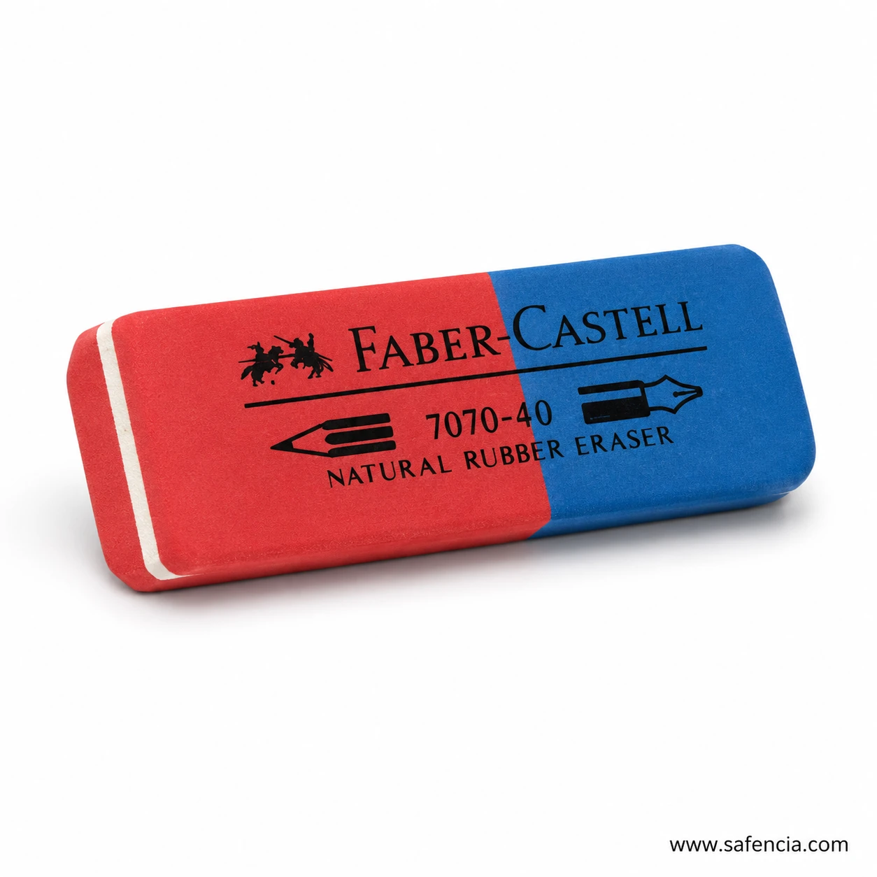 Close view of the Faber-Castell 7070-40 combination eraser lying flat, showing the red and blue halves, the white stripe along the edge and the knights logo