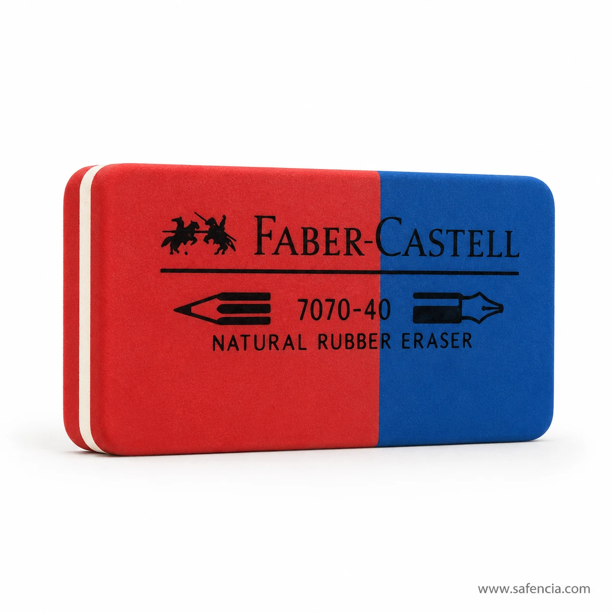 Faber-Castell 7070-40 combination eraser standing against white, printed NATURAL RUBBER ERASER with a pencil icon on the red end and a pen nib icon on the blue end