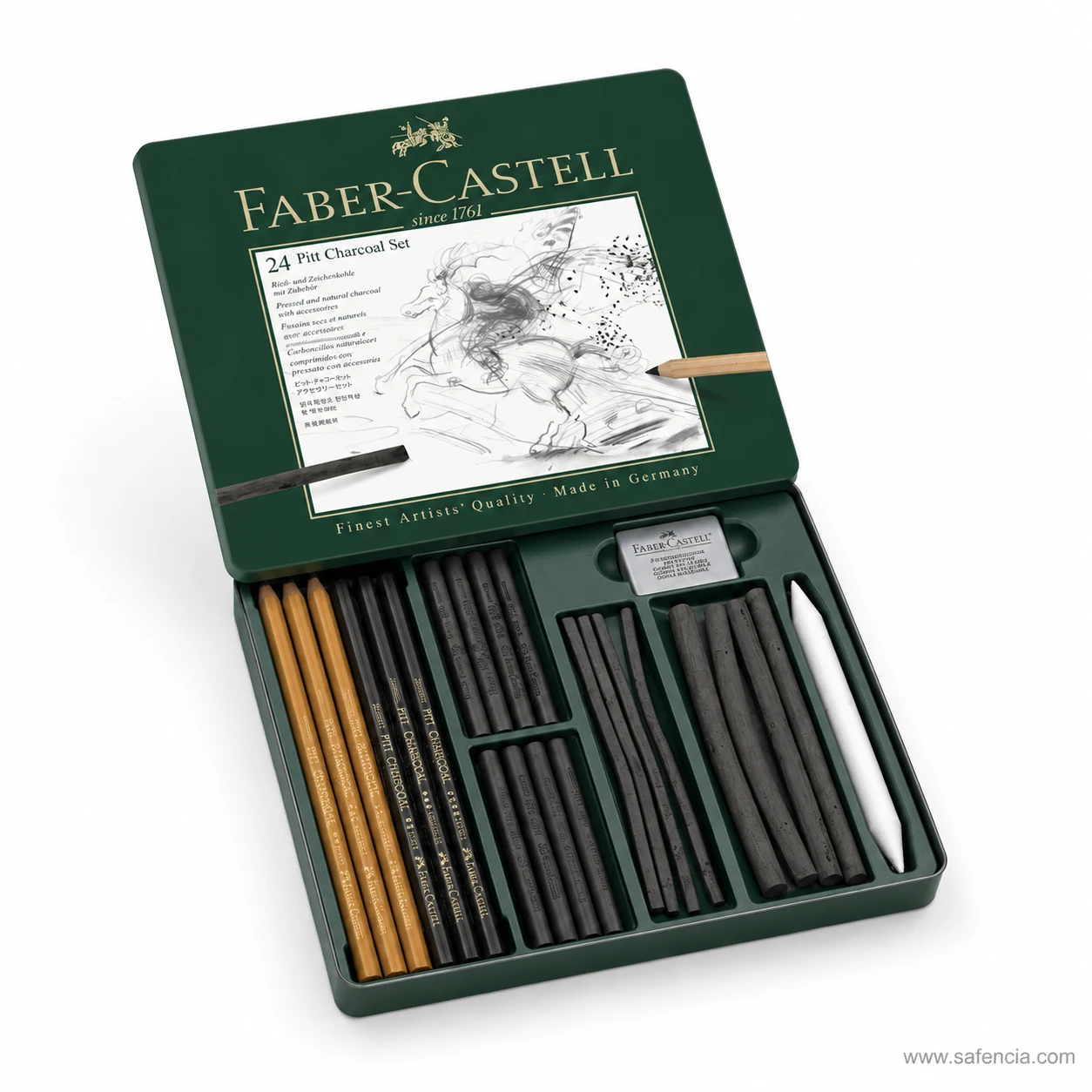 Three-quarter view of the open Faber-Castell Pitt charcoal tin and its tray