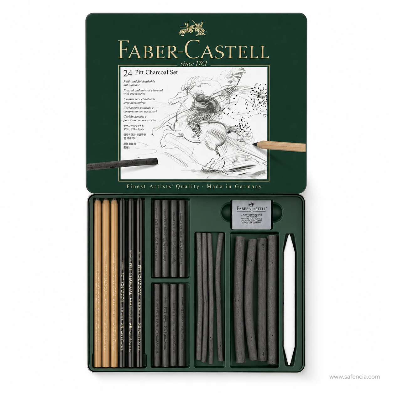 Pitt Charcoal Set tray showing natural and compressed charcoal side by side