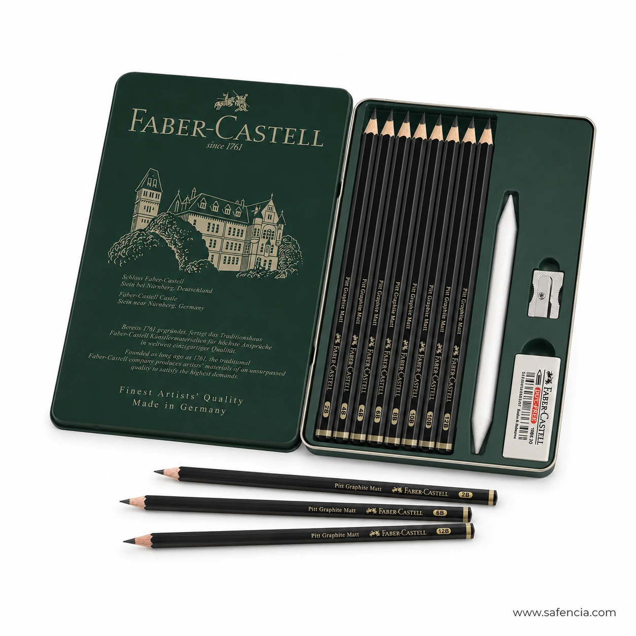 Pitt Graphite Matt tray showing the graded pencils with stump and sharpener