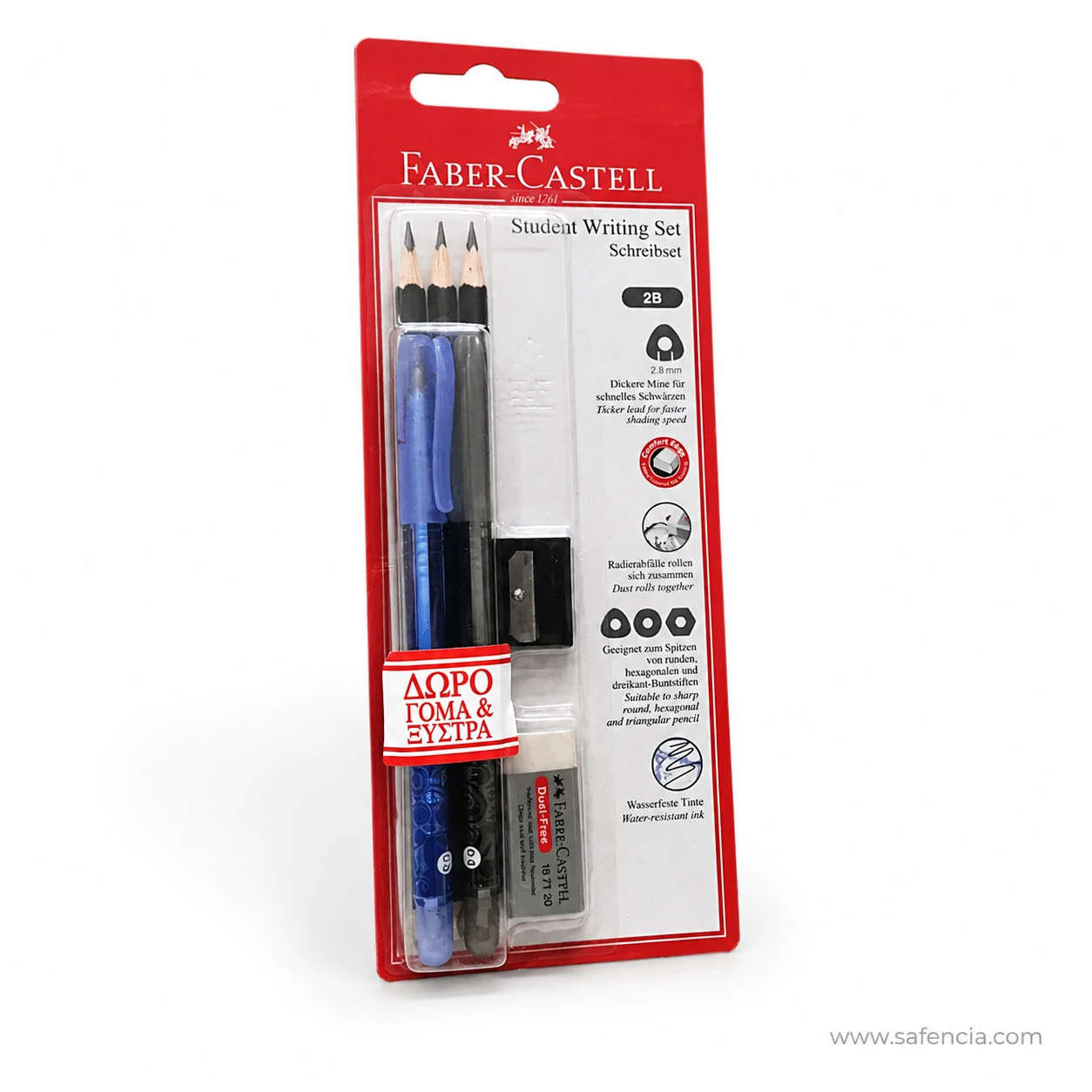 Faber-Castell writing set showing the blue and black pens beside the pencils