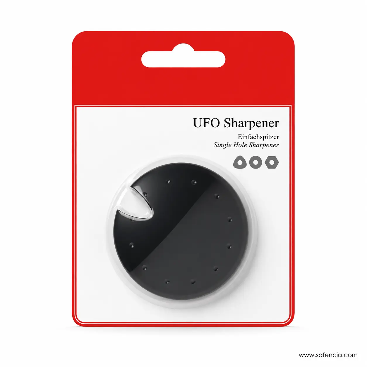 Black UFO Sharpener retail card labelled Single Hole Sharpener with round dotted disc design