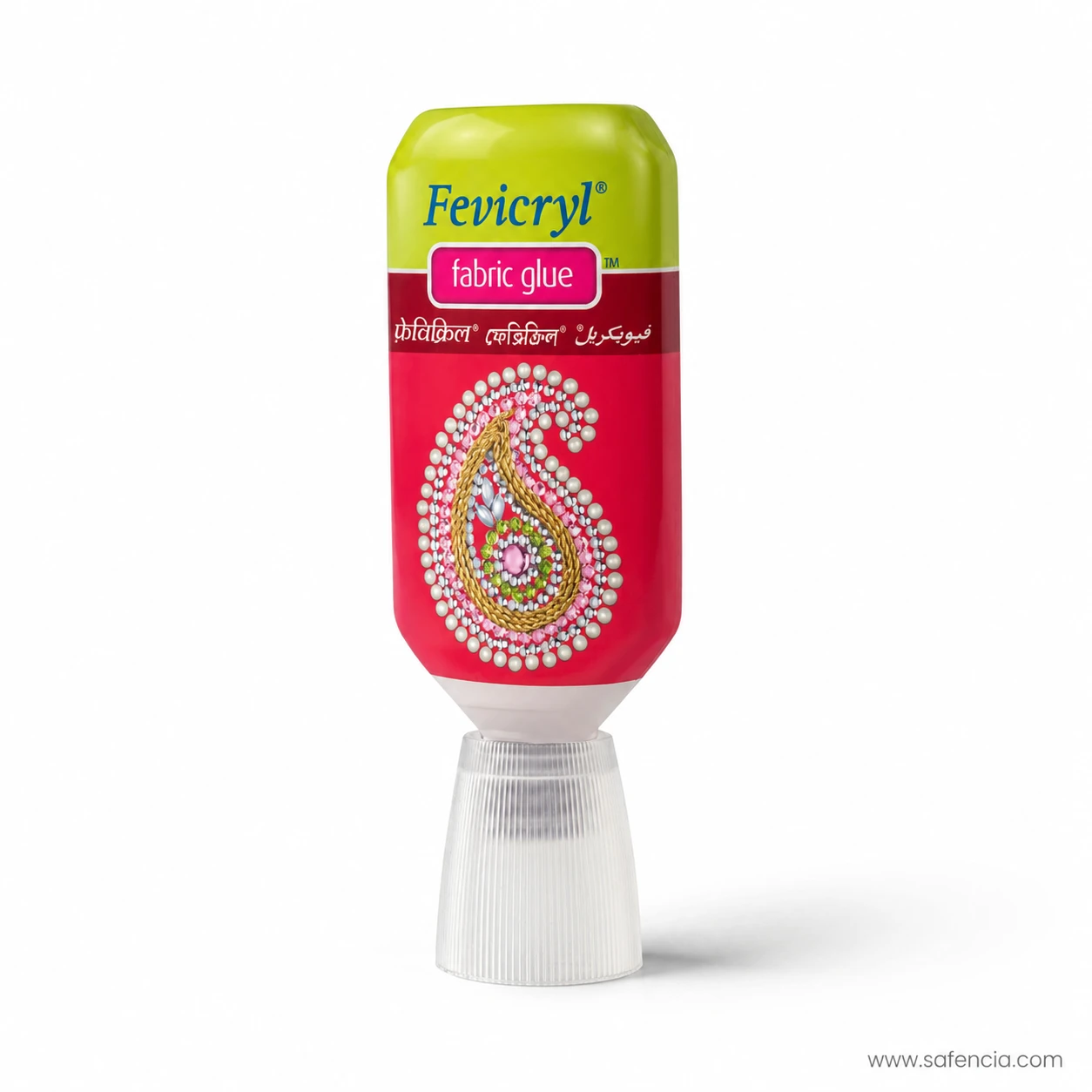 Angled view of the Fevicryl fabric glue bottle showing its ribbed nozzle cap