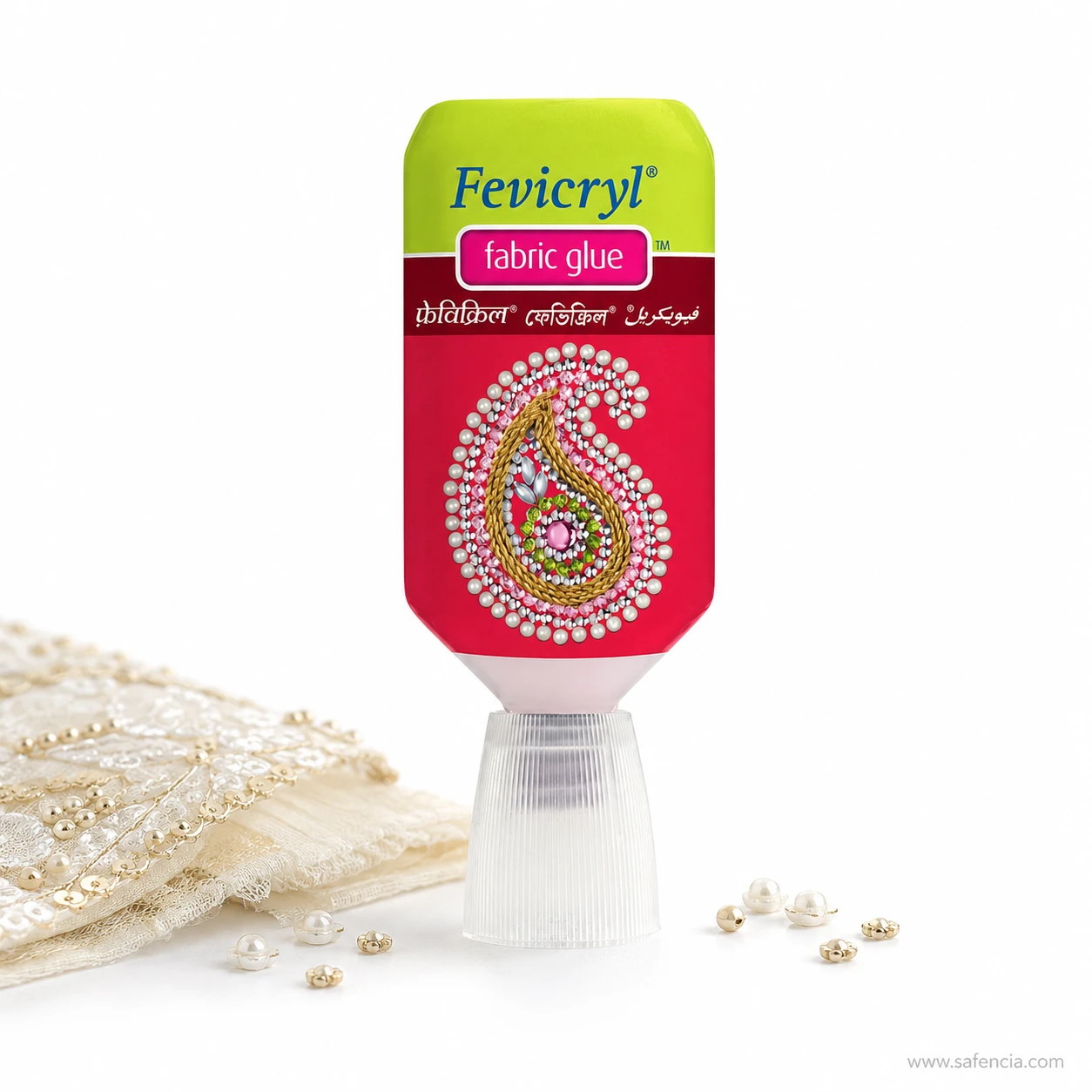 Fevicryl fabric glue label showing the name repeated in four scripts