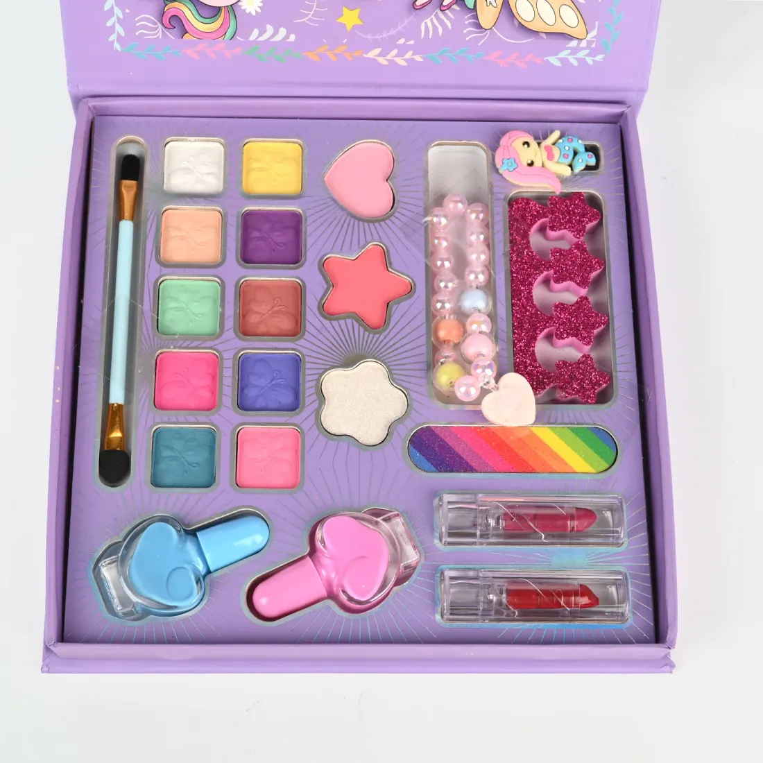 Fairy & Mermaid Makeup Gift Set open view - eyeshadows, heart blushes, lip glosses and jewellery